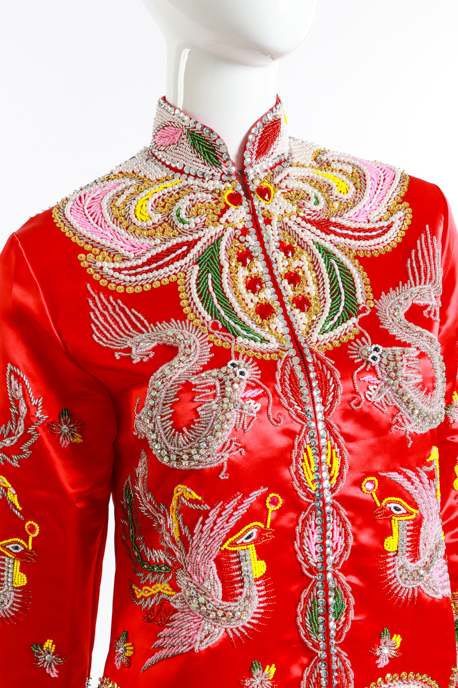Vintage Dynasty Beaded Phoenix Dragon Jacket front on mannequin closeup @recess la