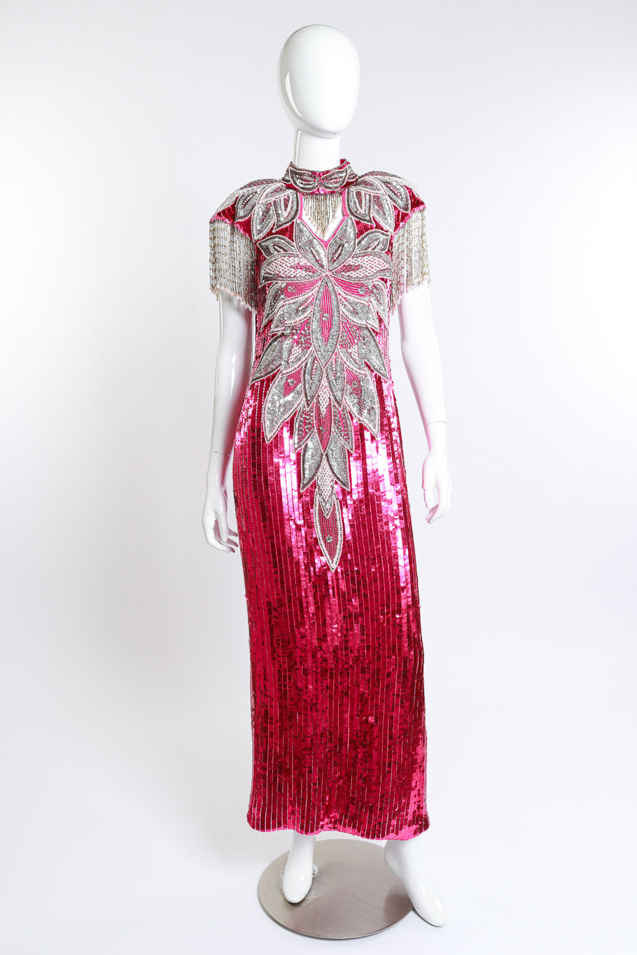 Vintage Sequins Originals Sequin Beaded Fringe Gown front on mannequin @recess la