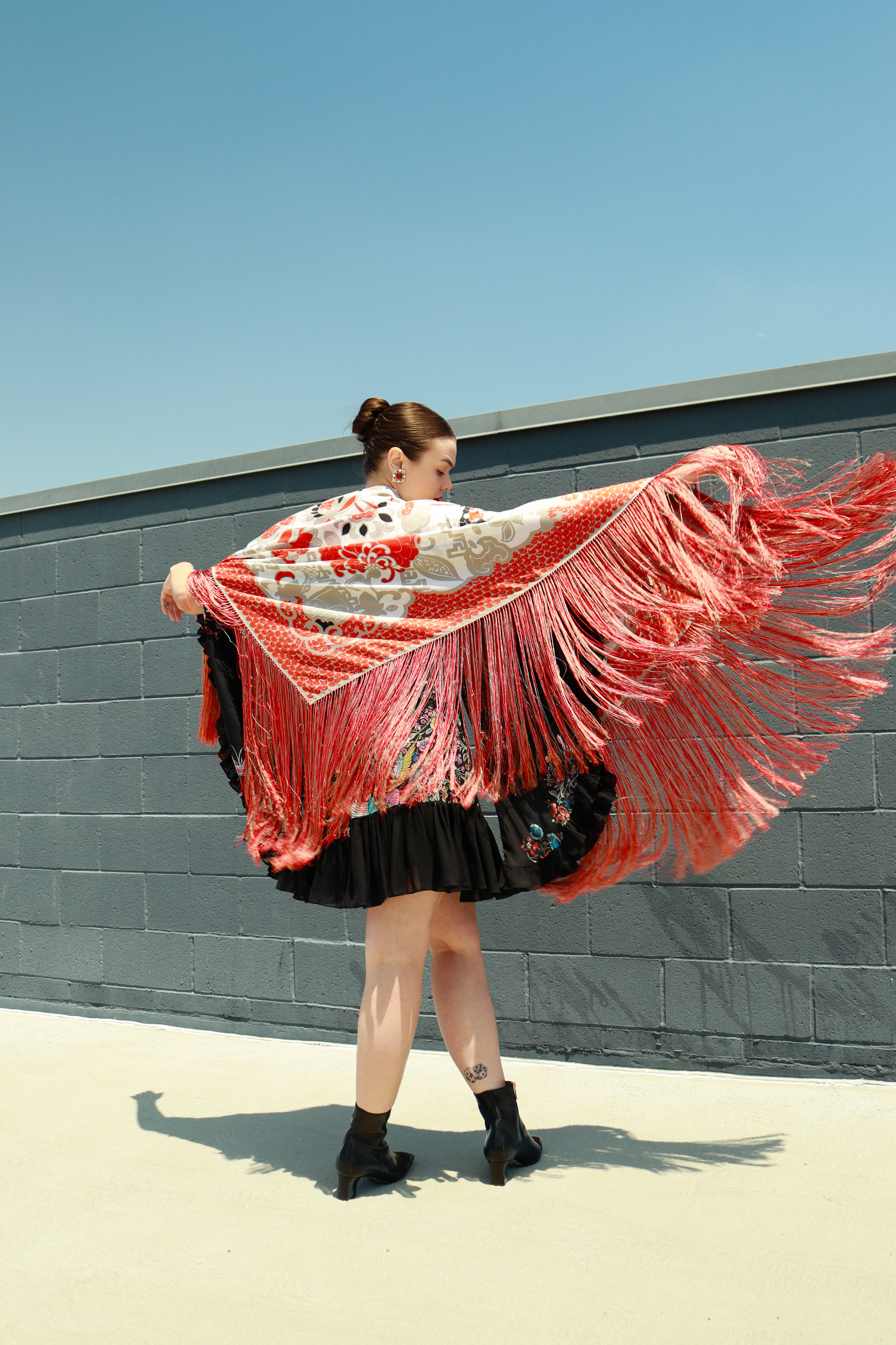 Vintage Francoise Guerin Floral Silk Fringe Shawl on model in wind @recess la